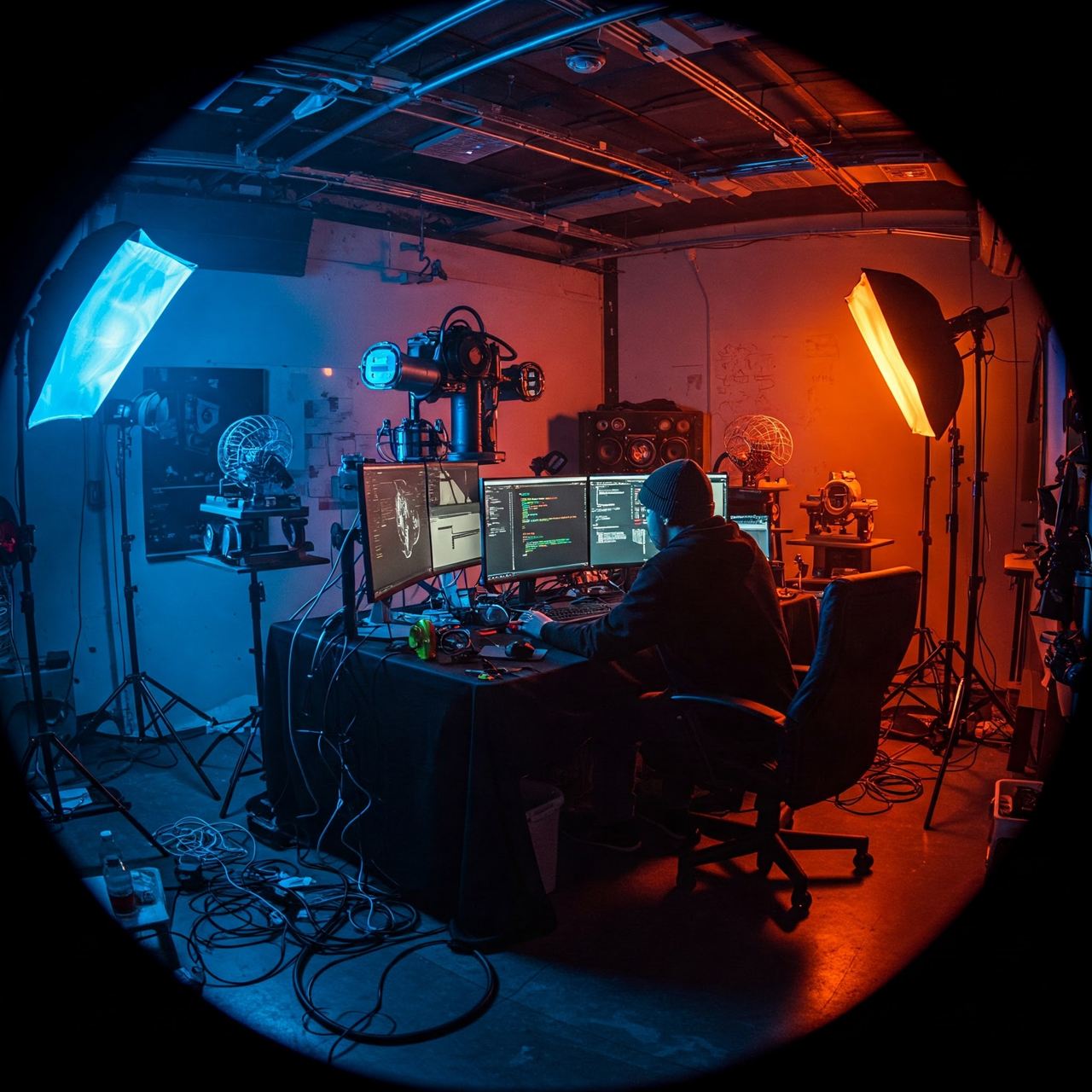 A computer workstation lit in blue and orange